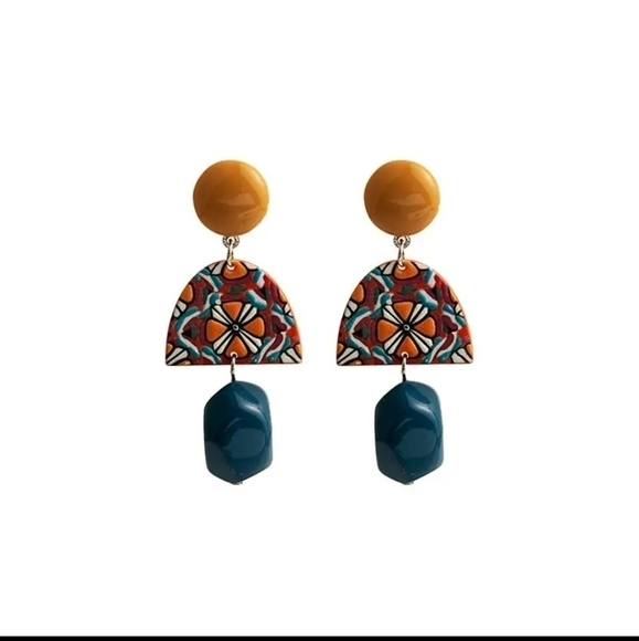 *Final price* Retro Yellow And Blue Contrast Color Clay Earrings - Picture 1 of 4